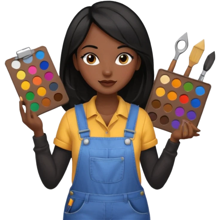 Créame emoji de una mujer que sea diseñadora industrial, pelo negra, piel morena, femenina con overol y una paleta de colores o herramientas de taller piel oscura chocolate cabello largo  emoji