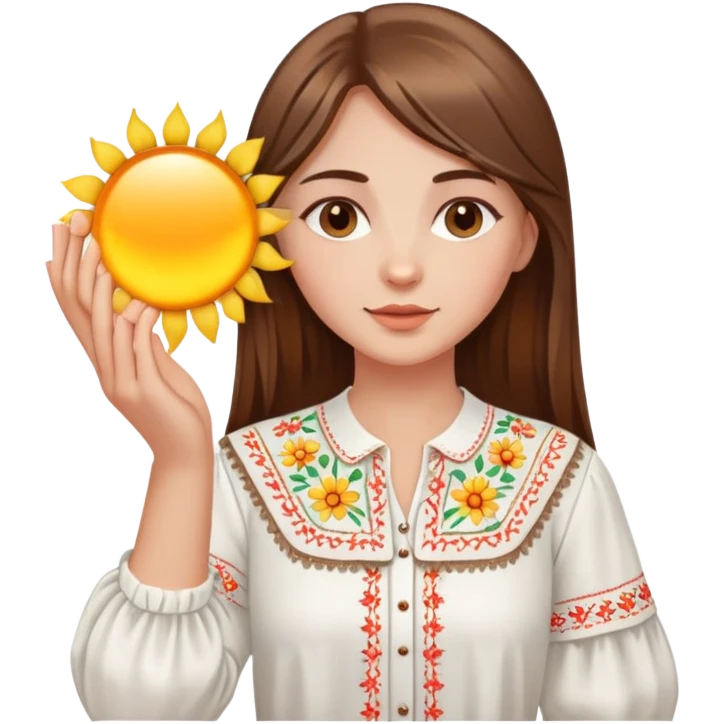 Young Ukrainian girl with brown hair wearing a white embroidered traditional shirt holding a bright sun in her hand emoji