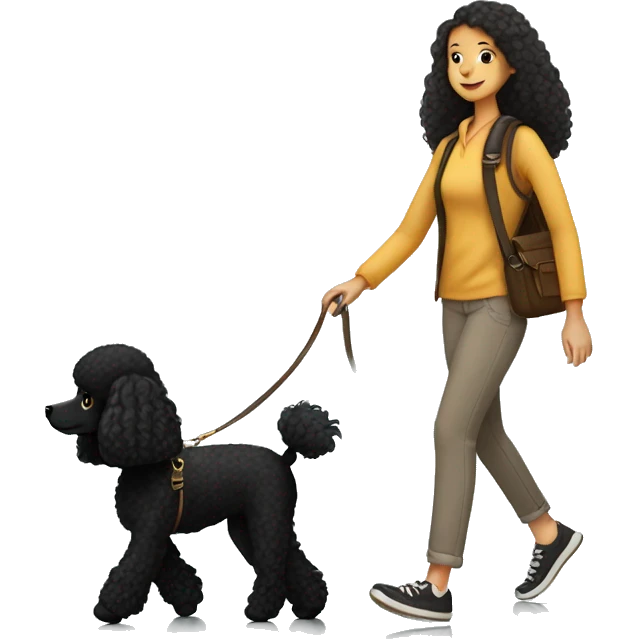 3 legs One Small unshaved Black Poodle with brown harness is walking with a black long hair pretty girl emoji