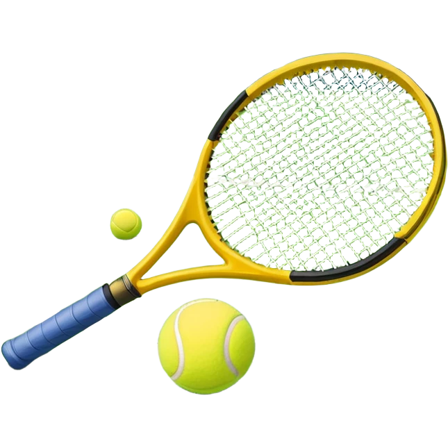 A tennis racket and a ball placed on the ground, with a tennis court in the background. The court lines and net are visible, emphasizing the structure and focus of the sport, creating a dynamic and energetic vibe. emoji