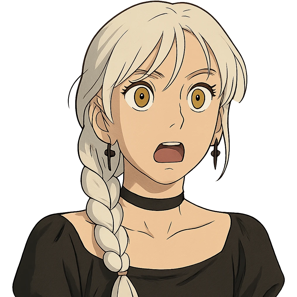 close-up portrait of shocked young woman with gold yellow eyes, white hair, long braid, black off-shoulder top, punk gothic style emoji
