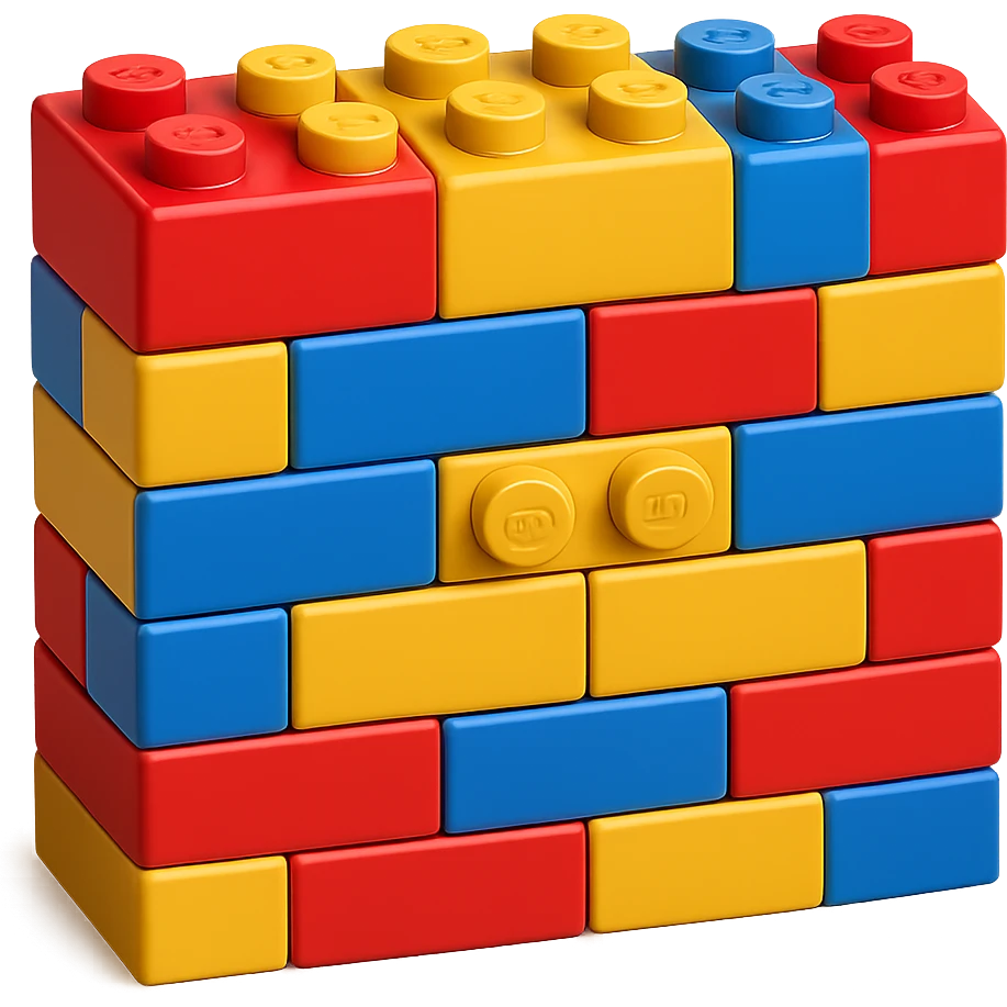 Create multiple walls made of LEGO bricks using blue, yellow, and red bricks. Each wall should show a mix of the three colors with a playful and vibrant look. The style should resemble the 3D emoji style shown in the reference image. Remove the background. emoji