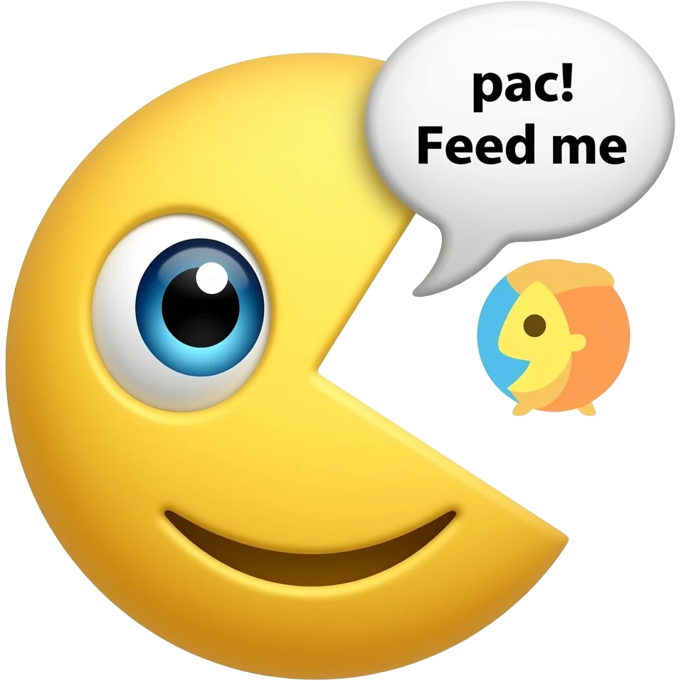 Pac man character saying "pac! Feed me" emoji