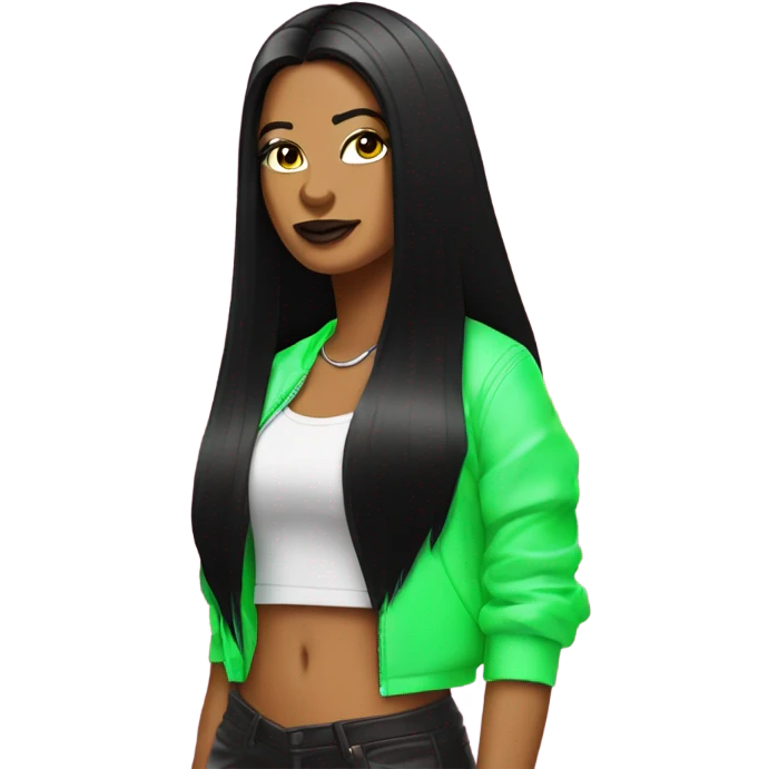 Tanned woman with long black hair dressed in Y2K hip hop hair, makeup, and neon attire emoji