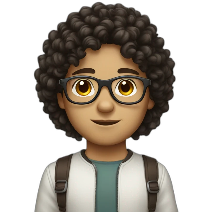 boy with dark brown curly hair, glasses and white emoji