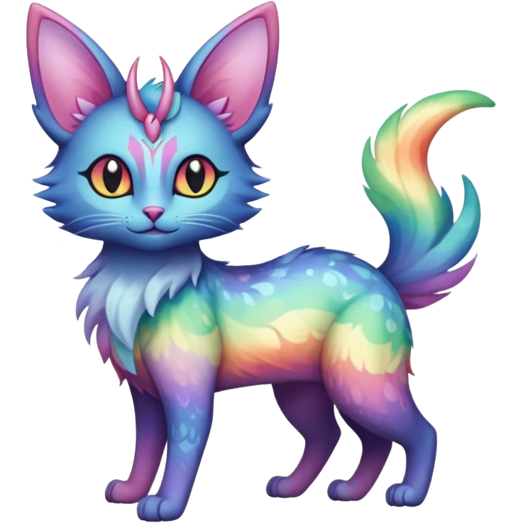 White pastel iridescent rainbow-gradients-color-marked with swirly patterns butterflies  faerie-Noivern-Noibat-Purloin-Torracat-Lykoi-Caracal-cat-Fakemon-fusion-hybrid-creature emoji