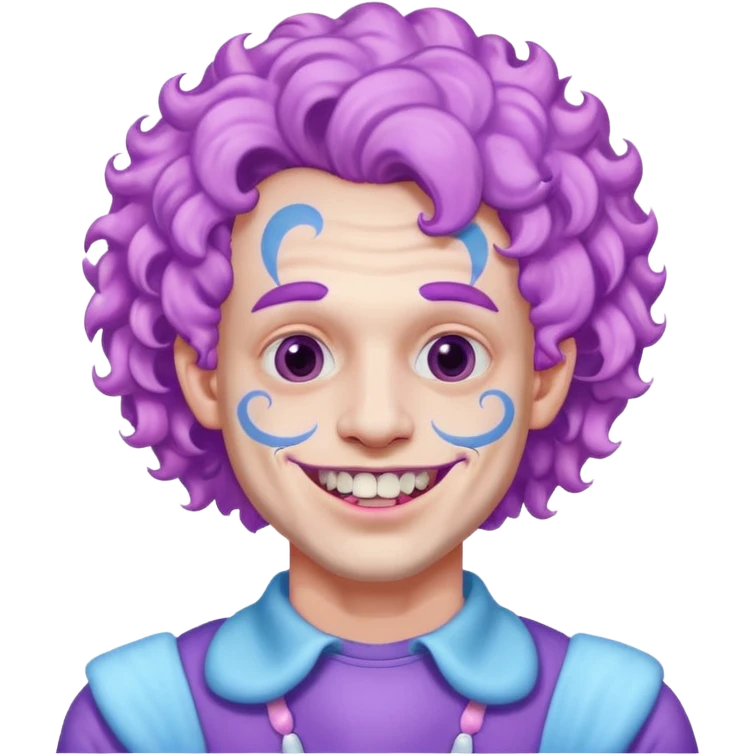 very cheerful colorful puffy violet curly haired man made out of cotton candy wearing teeth-braces and excessive face tattoos just face  emoji