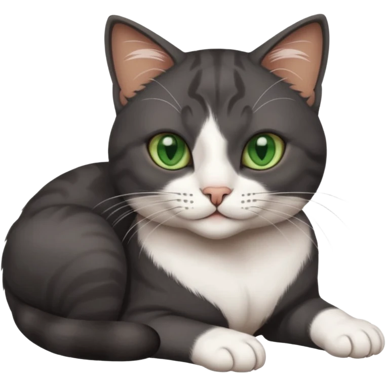 beautiful female solid dark grey cat with green eyes, white toes/paws and white patch on her chest rolling over emoji