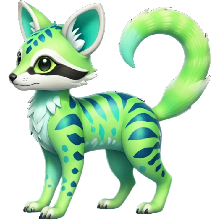 Rare realistic iridescent neon lime-green & cyan gradients lush tropical exotic cute epic pretty beautiful handsome gorgeous aesthetic colorful vibrant Vernid-Protogen-Primagen-Wickerbeast-Genet-Trico-species-Fakemon-hybrid-creature by LiLaiRa, beautiful intricate markings, full body emoji