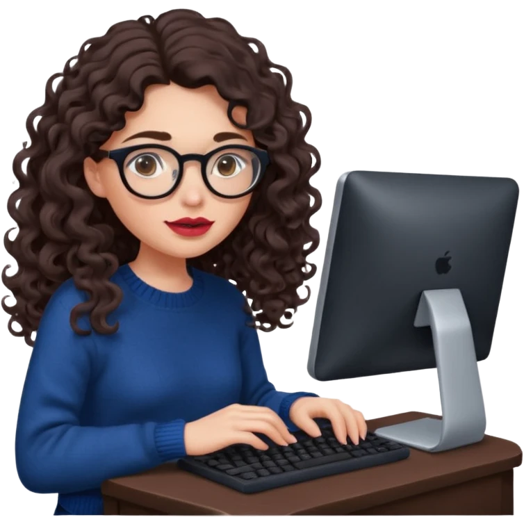 a european white young woman with very long wavy dark brown/chocolate hair with curls at the end of her long hair typing in a computer. she's using round glasses, her lips are light red and her cheeks slightly pink. Her eyes are dark brown. She's using a dark blue knit sweater  emoji