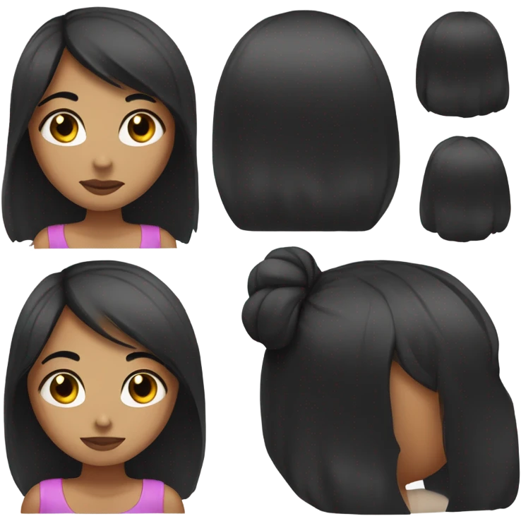 girl with straight black hair, dark brown eyes, light freckles, and a beaty mark underneath her bottom lip on the left side emoji
