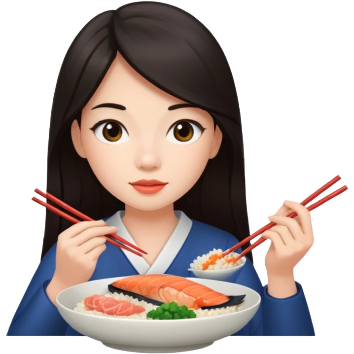 chica joven con piel clara y pelo oscuro largo comiendo un plato de arroz con salmón  emoji