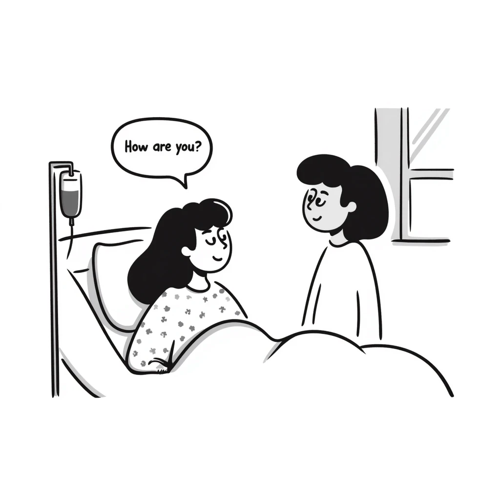 hospital scene with patient looking at visitor showing empathy and asking 'How are you?', including hospital elements like IV stand and window with daylight emoji