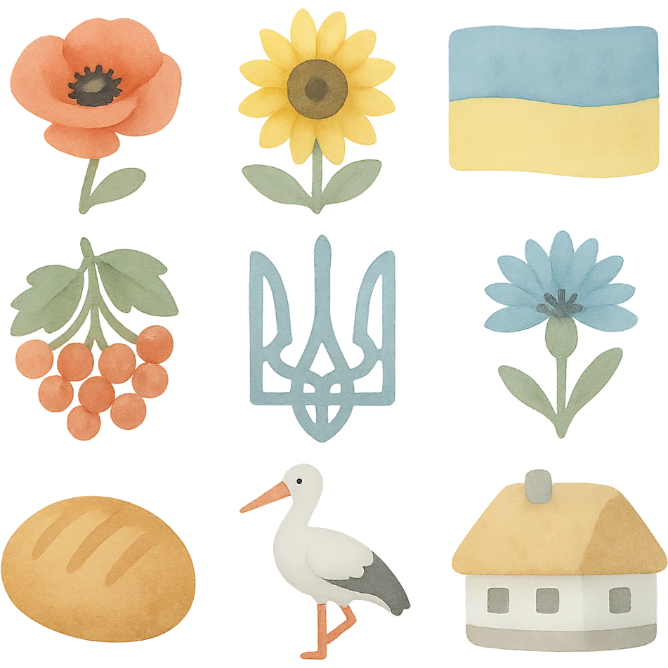 3D illustrative icon set: poppy, sunflower, Ukrainian flag, trident, viburnum, cornflower, bread, stork, Ukrainian house. 2x3 grid, transparent background, artistic brush strokes, pastel colors, light graininess, uneven edges, handmade effect, camera angle 25°. emoji
