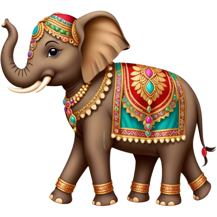 Decorated Indian elephant – Cinematic Realistic Decorated Indian Elephant, depicted as a majestic elephant adorned with vibrant, ornate ceremonial decorations and rich, colorful fabrics, set against a festive Indian backdrop with warm golden lighting that highlights its cultural significance. emoji