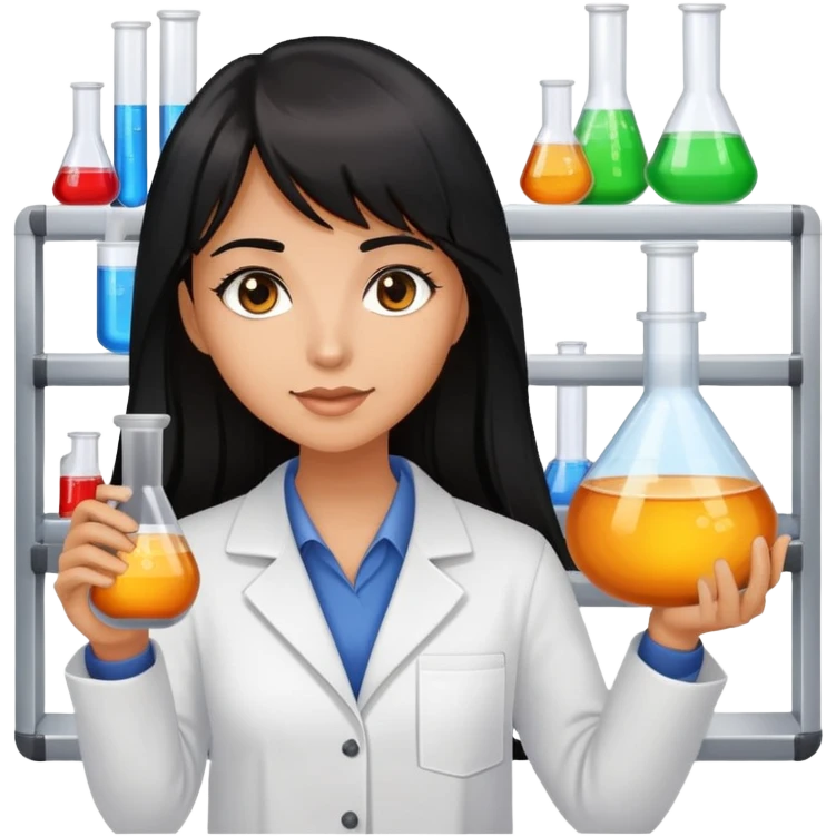 Crear una imagen de una profesora de quimica de piel canela pelo negro largo con reflejos marrones y flequillo, que este en un laboratorio, sosteniendo un matraz emoji