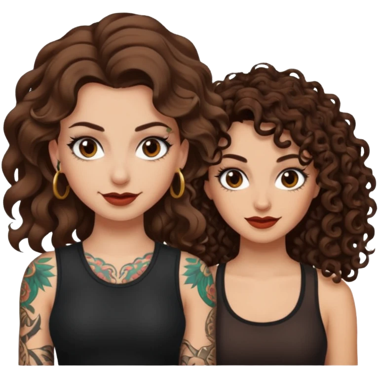 side eye duo — long wavy brown hair tattooed woman and short tight curly brown hair woman — rogue grin emoji