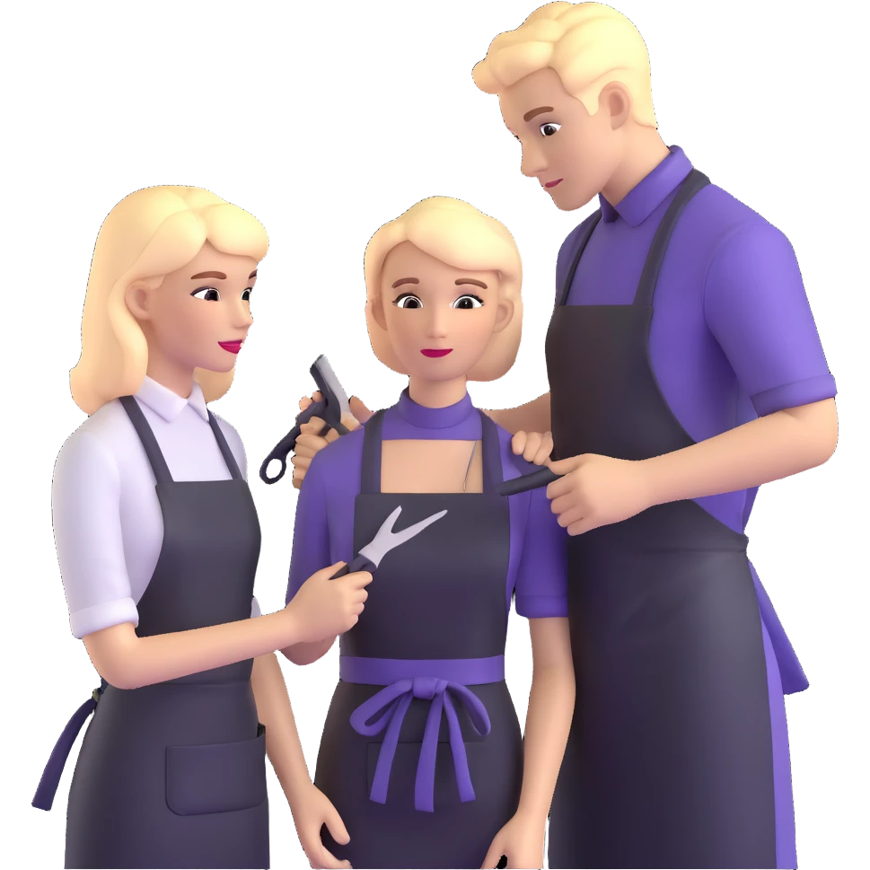 professional hairdresser in salon apron instructing student with mannequin emoji