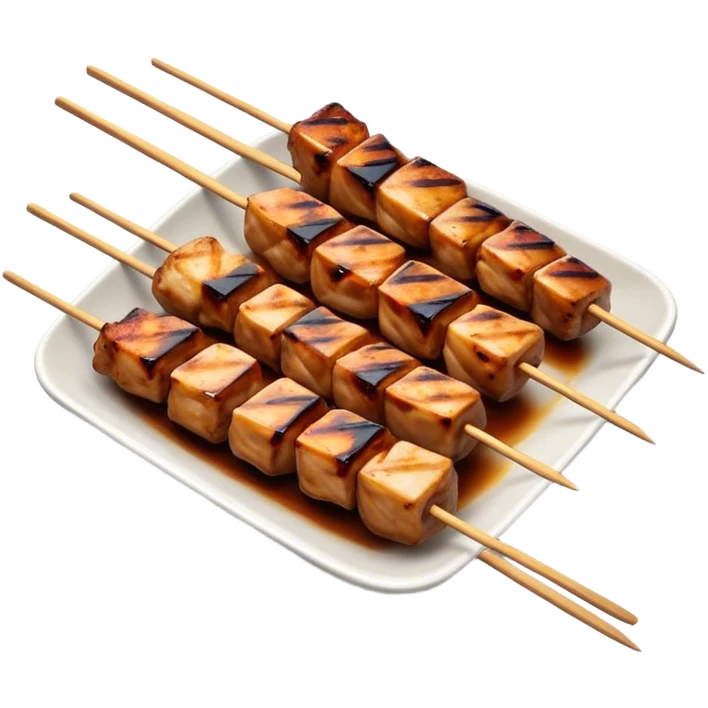 Cinematic Realistic Yakitori Dish Emoji, depicted as skewered, grilled chicken pieces with a charred finish rendered with crisp textures and appetizing, natural lighting. emoji