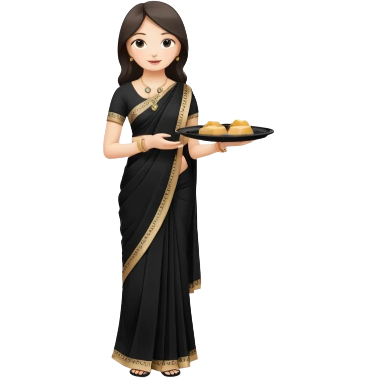 Russian girl in Indian black saree with full image from head to leg and holding one small cream colour plastic tray in her both hands emoji