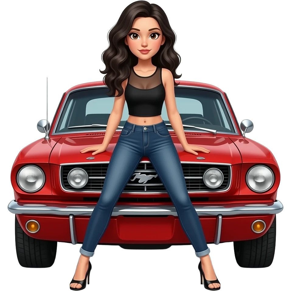 Pale girl with black wavy hair and brown eyes in front of a red ford mustang 1968 coupe. Girl wearing a sheer black sleeveless top, medium neckline, jeans and heels with visible toes. Legs wide spread and hands resting on the hood. emoji