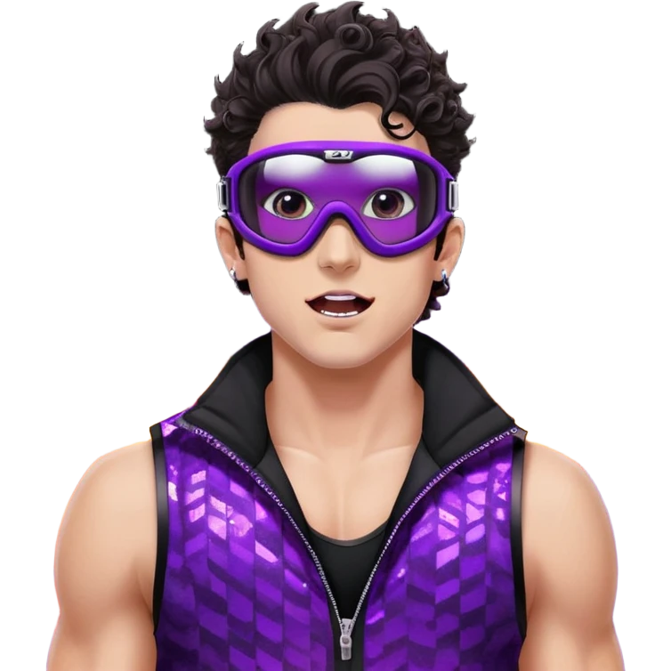 close-up of bad guy male athlete with white skin and moderately curly dark brown hair on top with shaved sides, wearing ski goggles with purple frames and very dark black lenses, a simple plain black chain necklace, and a completely unzipped sleeveless vest with purple and black sequin fire pattern design with no logo, pulling his tongue out very far in an exaggerated mocking gesture, looking menacing and villainous emoji