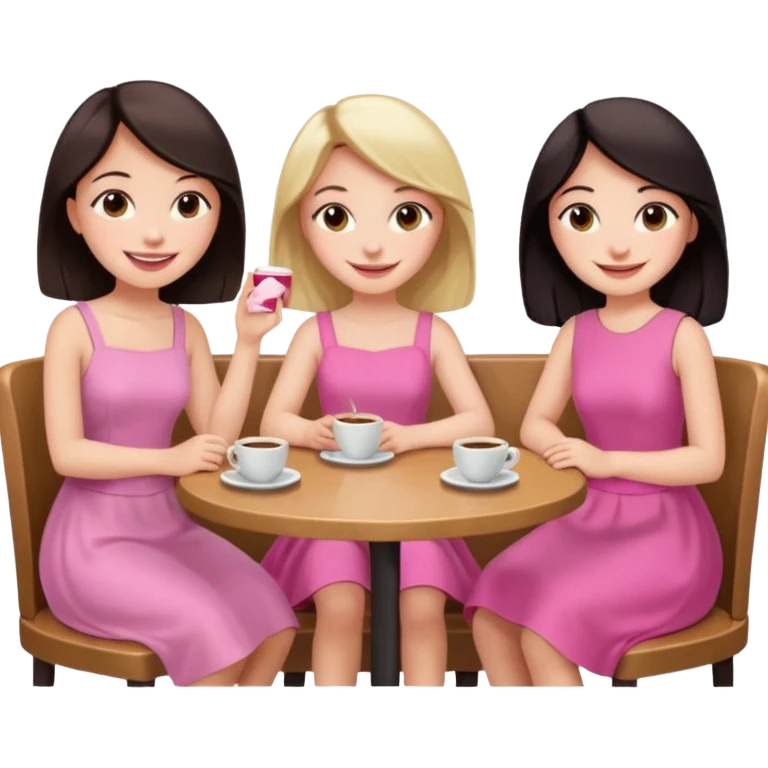 Девушка со светлыми волосами сидит в кафе весёлая с подружками у которых темные волосы в розовом платье emoji