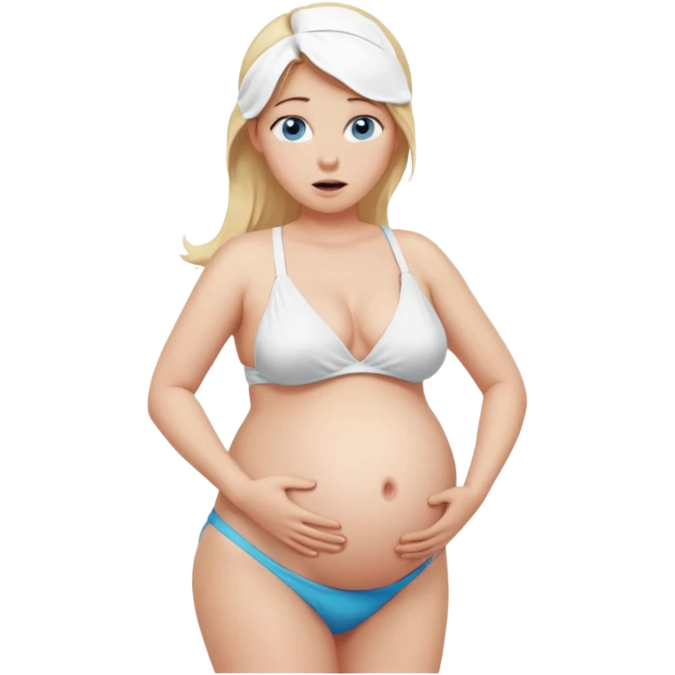 White girl, long blonde ponytail, blue eyes, huge pregnant belly, full body, white bikini, scared expression, front view. emoji