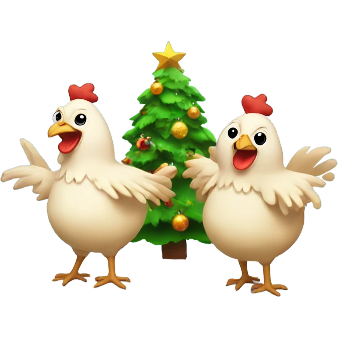 Animated chickens dancing around a Christmas tree. Text saying Merry Christmas emoji