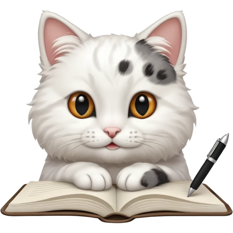  gatita blanca con manchas negras en los ojos feliz en viendo una libreta anillada  emoji
