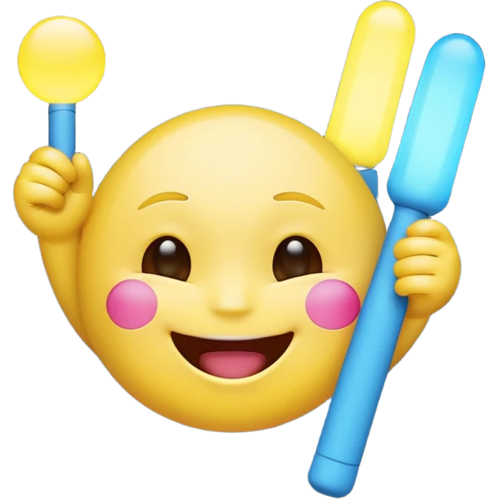 An excited yellow emoji face with closed smiling eyes and blushing cheeks, cheering enthusiastically while holding up two glow sticks (one blue, one pink). It represents high energy, fandom, and celebration. emoji