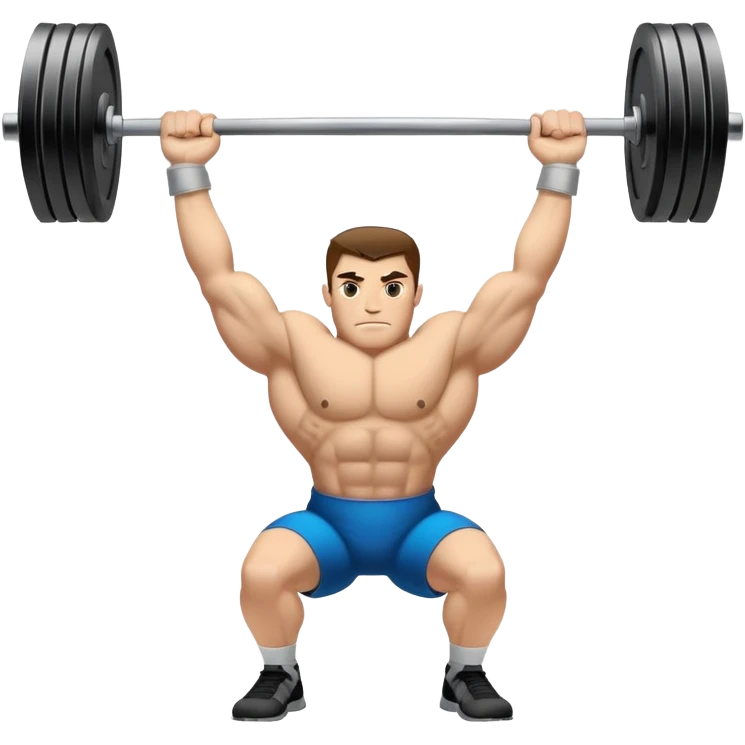 Powerlifting emblem featuring a stylized barbell with heavy weights on each side, flanked by muscular arms gripping the bar. The design is bold and dynamic, symbolizing strength and determination. The background is minimal, focusing on the emblem itself, with a sleek and professional look.  emoji