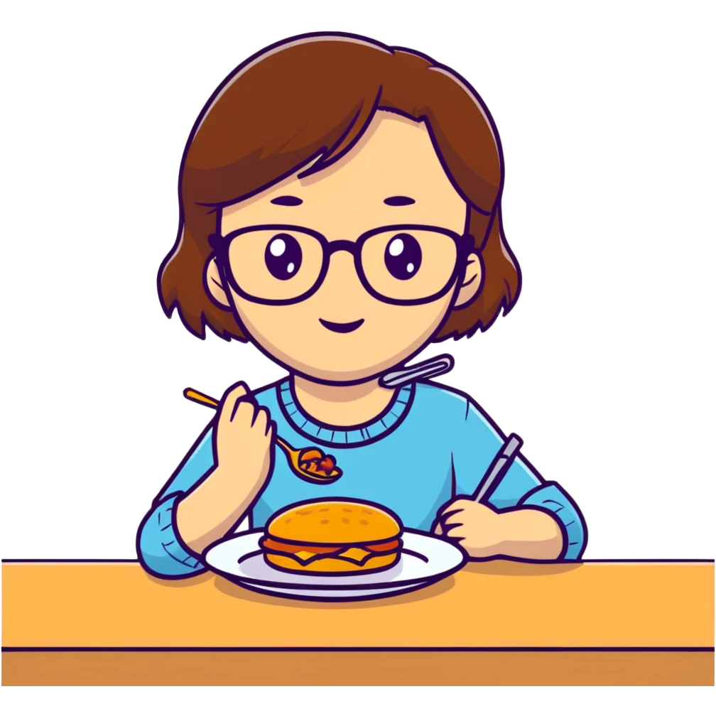 Braunhaariges Mädchen hellhäutig braune Augen, sitzend am Tisch mit Mama und Brille und braune Augen am Essen  emoji