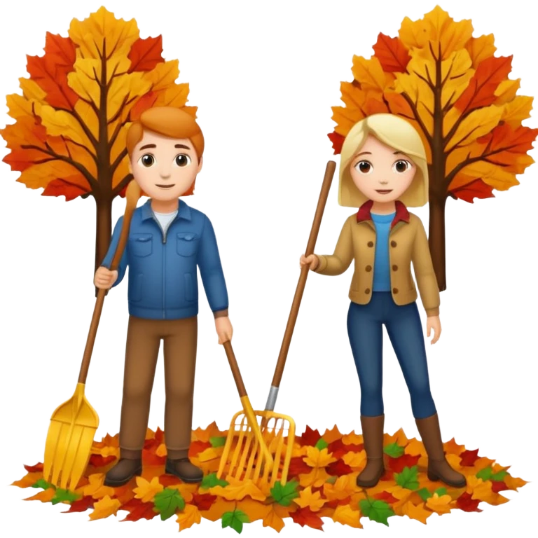 a couple man and woman racking leafs emoji