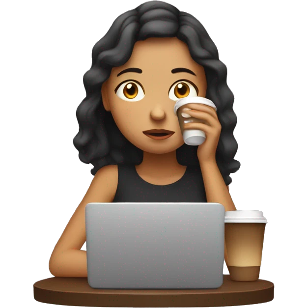 tired girl with laptop drinking a lot of coffee emoji
