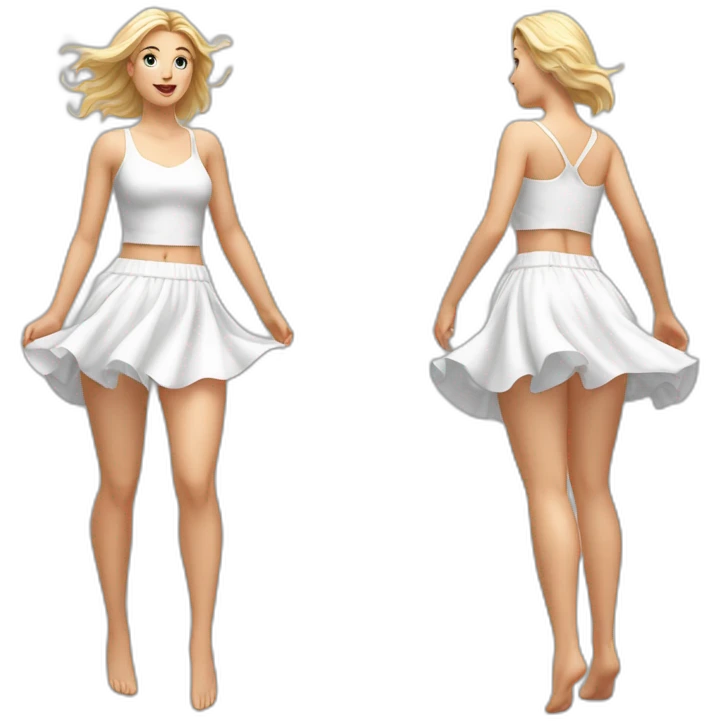 Hyperrealistic Full body Caucasian curvy beauty jumping white skirt back and front views strong wind emoji