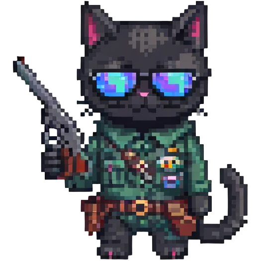 black cat with sunglasses and a gun emoji