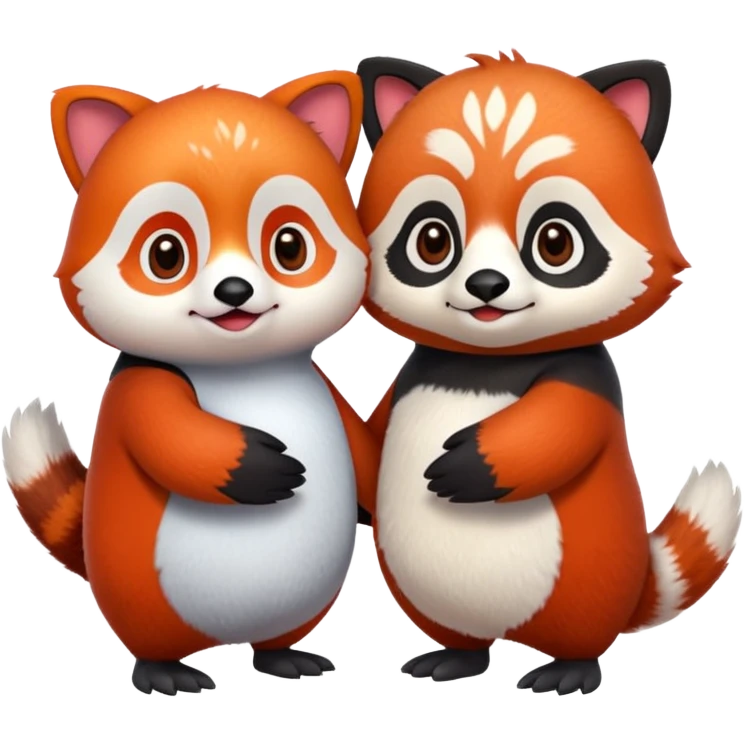 A cartoon  cute one penguin and one red panda holding "hands" emoji
