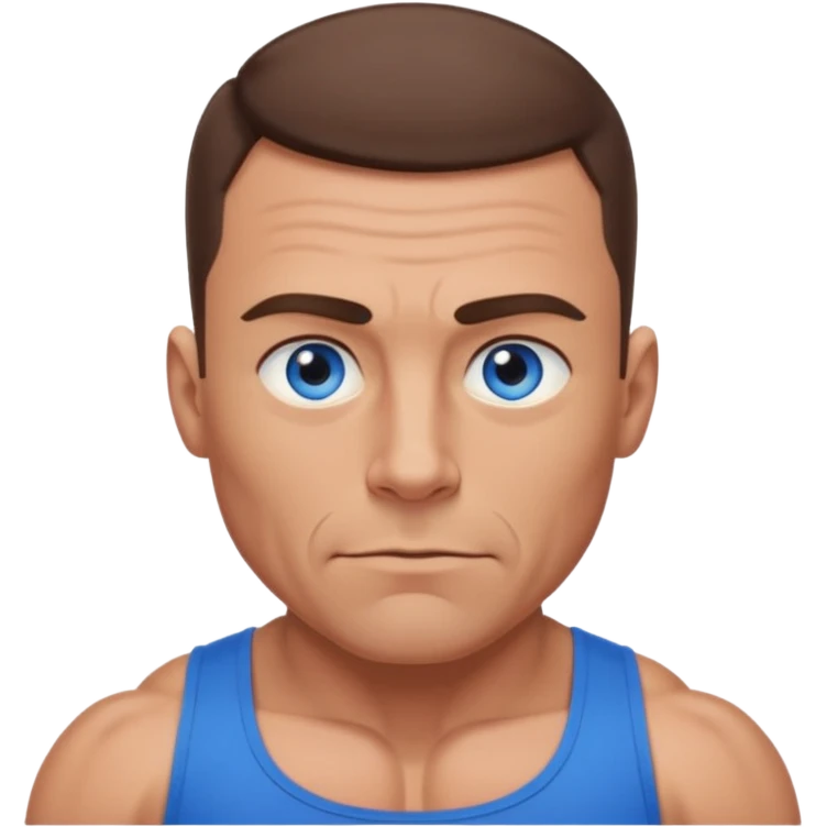 dad with very short shaved brown hair and blue eyes emoji with big muscles emoji