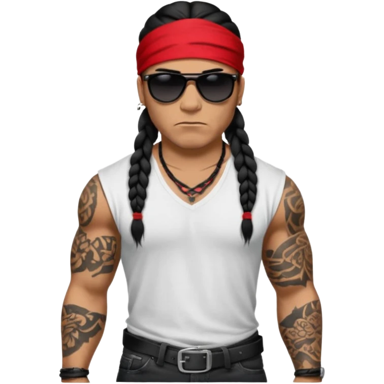 Samoan male.
XL loose fitting white t-shirt. 
Red bandana. 
Red
Black jeans. 
long black braided hair.
very muscular.
More tattoos. 
Tough and menacing. 
Gangster sunglasses. emoji