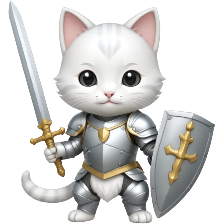 baby chibi white cat in silver armor, full body, smile, hold sword emoji