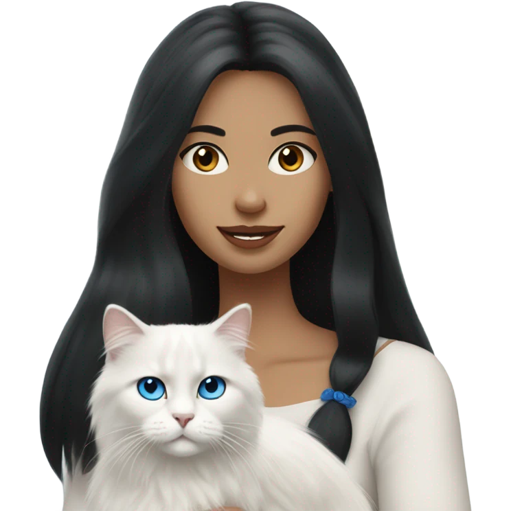 woman with long black hair and holding a all white Siberian cat with blue eyes emoji