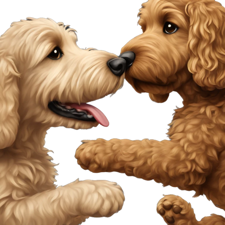brown goldendoodle dog and small black/white dog giving each other a high five emoji