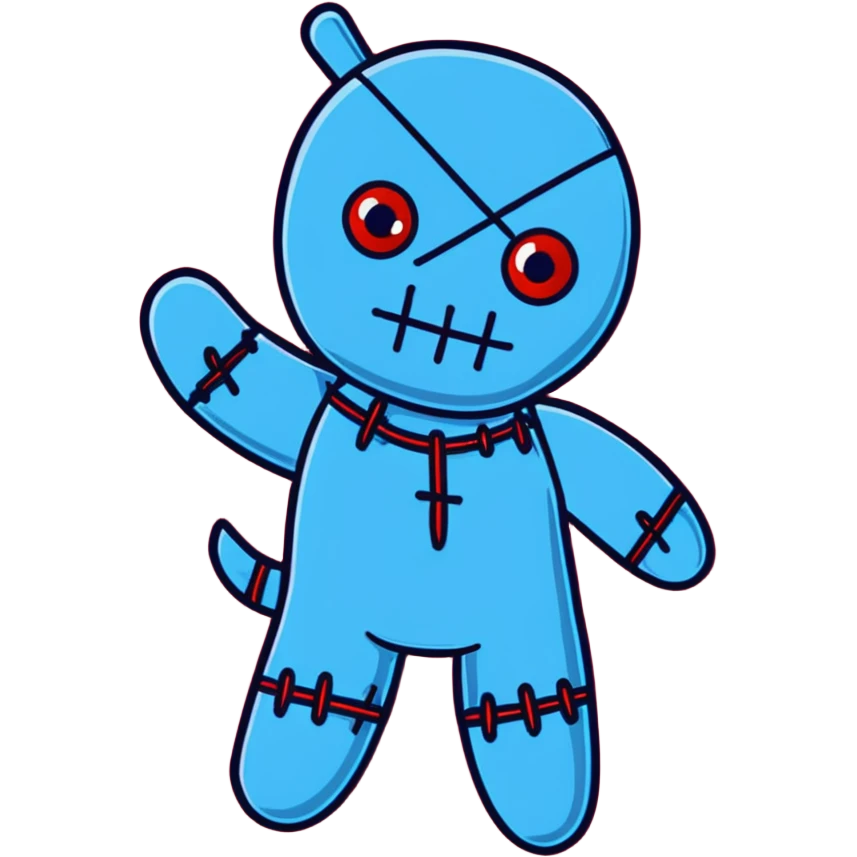 A Carolina blue voodoo doll with red stitching and buttons for eyes, with several pins stuck in it emoji