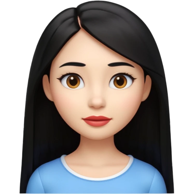 A cute 3D female emoji avatar, smooth skin, long straight black hair, glossy lips, soft lighting, minimal background, beauty branding style, high quality, Pixar style, front view, symmetrical face, clean and elegant emoji