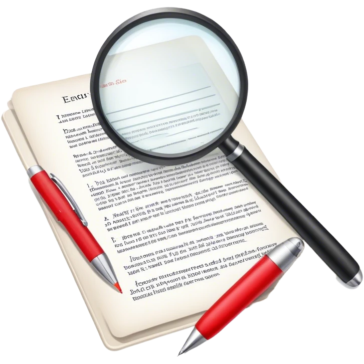 Create an emoji representing editing and proofreading. The design should feature an open document or manuscript with visible text and proofreading marks (such as red underlines or corrections). A red pen or pencil should be placed near the document, symbolizing the act of making edits. Optionally, include a magnifying glass to represent careful review. Use neutral and professional colors like white, black, and red accents to highlight the editing process. Do not include any emojis or smiley faces. Make the background transparent. emoji