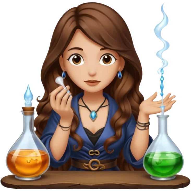 alchemist woman long wavy brown hair tattoos tasting potion drop emoji