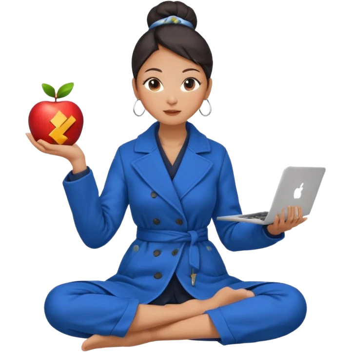 emoji of an asian woman with a single bun in a long blue coat sitting cross legged with dna levitating above one hand and an apple laptop above the other hand emoji