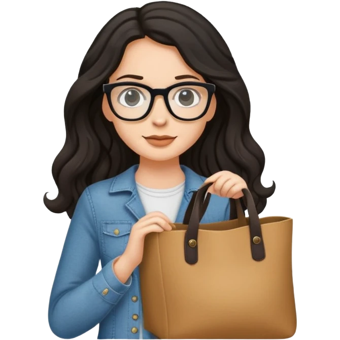 A white girl with black wavy long hair, wearing Wearing glasses and Crossing a tote bag emoji