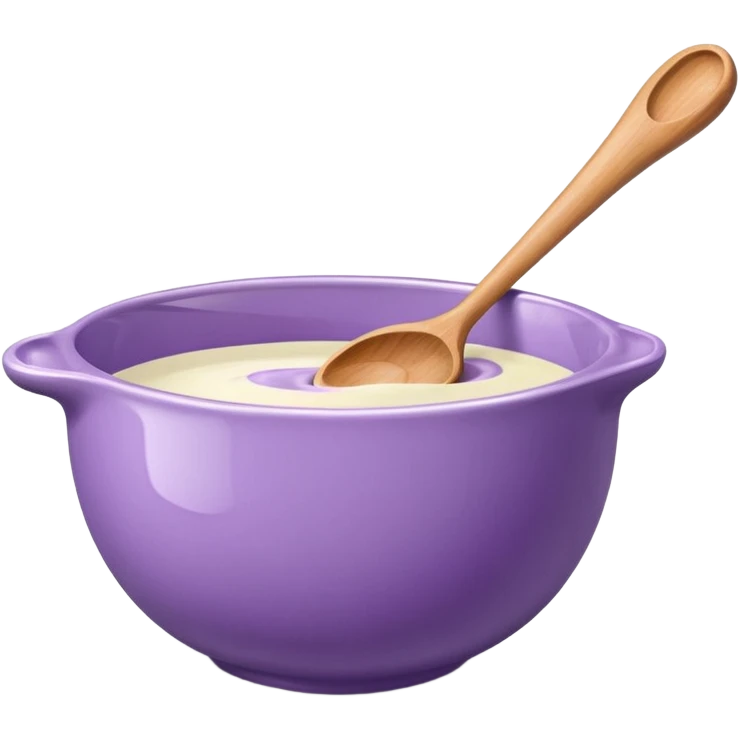 a lilac ceramic mixing bowl with a wooden spoon stirring emoji